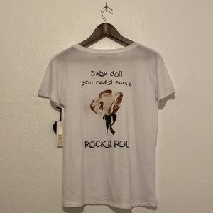 NWT Amuse Society Tee w Rock & Roll Message, Rose Design